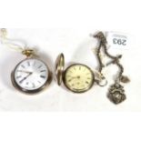 A silver full hunter pocket watch with attached white metal watch chain and attached silver medal,