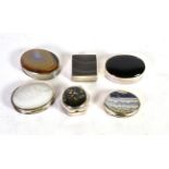 A group of six modern hardstone and mother of pearl set silver pill boxes, all with UK hallmarks,