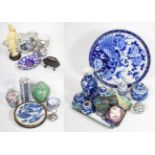 A group of Oriental items including ginger jar and cover; chargers; cloisonne; vases etc