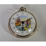 A silver verge pocket watch with a painted scene dial, movement signed D Edmonds, Liverpool, later