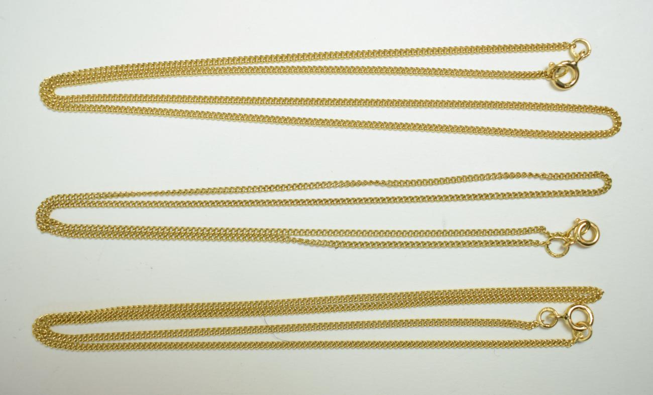 Three 18 carat gold trace link chains, length all 46cm (3). Gross weight - 13.59 grams