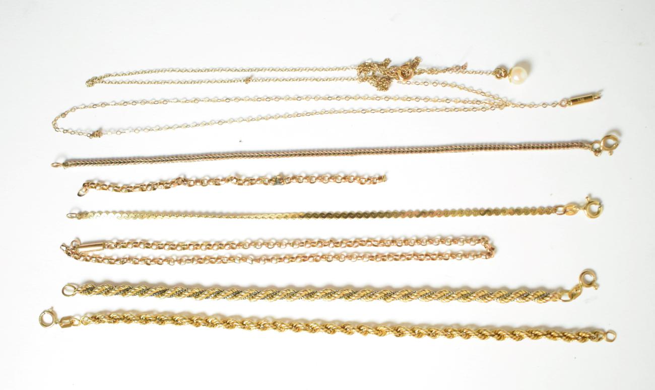 Two 9 carat gold rope bracelets, lengths 18cm and 19cm; and further gold and yellow metal chains (
