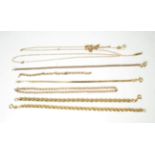 Two 9 carat gold rope bracelets, lengths 18cm and 19cm; and further gold and yellow metal chains (