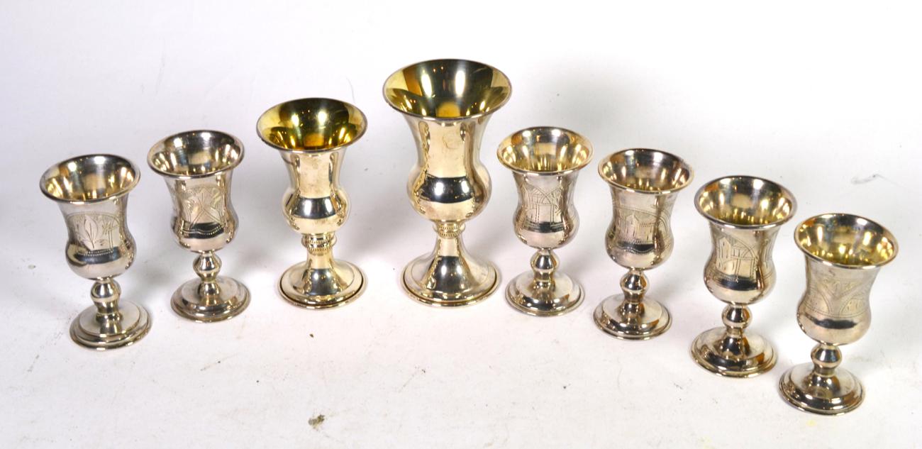 A set of six late Victorian Continental silver Kiddish cups, English import marks for Solomon