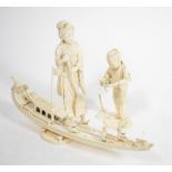 A Japanese ivory figure of a maiden, Meiji period; a similar farmer; and a dragon boat (3)