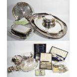 An assorted mix of various silver spoons and other flatware; six pairs of electroplated fish