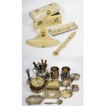 Four pieces of papier mache desk items including a correspondence box and a letter opener together