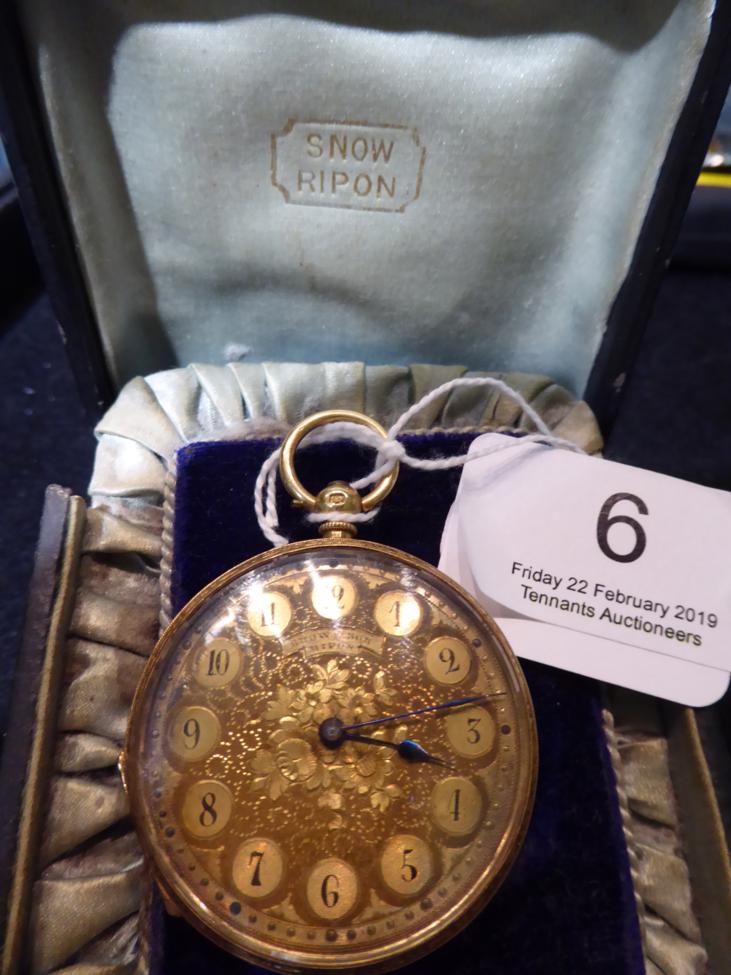 An 18 carat gold outer cased open face pocket watch, signed ''Snow, Ripon'', in original case - Image 2 of 7