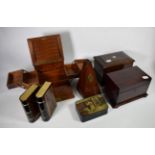 A pair of inlaid book type boxes; a burrwood jewellery box with cantilever interior; three other