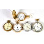 A gold plated Waltham pocket watch; a full hunter gold plated pocket watch; and three other pocket