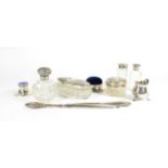 A group of silver dressing table items; a silver mounted pin cushion/ring box; a silver and enamel