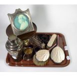 Assorted silver to include a photograph frame; an enamel part dressing table set; a toastrack etc