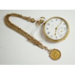 A 9 carat gold pocket watch, signed Vertex, with a 9 carat gold curb linked watch chain and attached