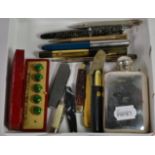 A silver drinking flask, a Sampson Mordan silver pencil, a 9 carat gold ''The Mascot'' pencil, a