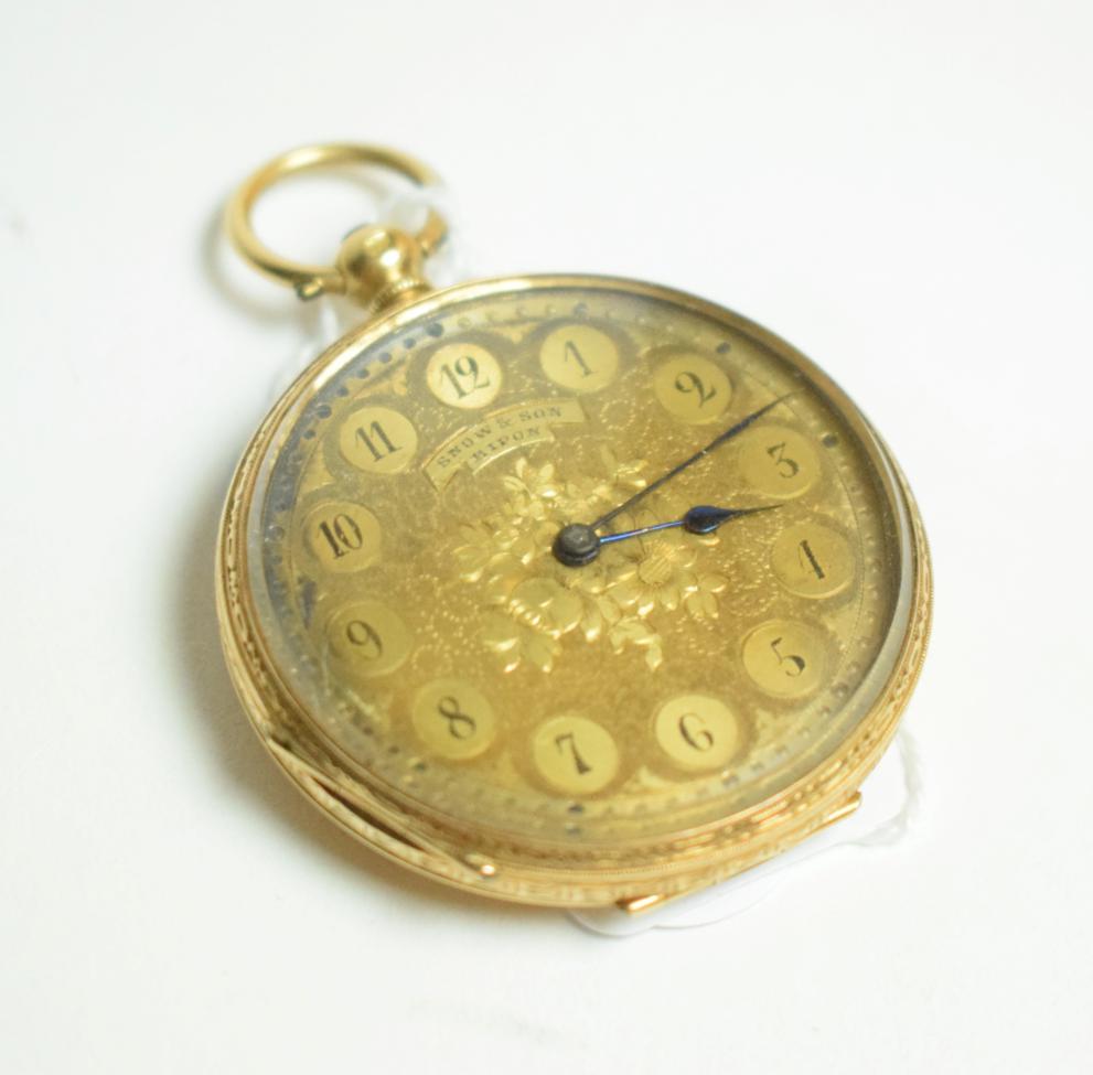 An 18 carat gold outer cased open face pocket watch, signed ''Snow, Ripon'', in original case