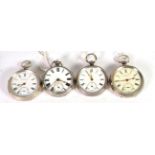 Four silver open faced pocket watches, three cases with Chester hallmarks, the other with a London