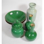 A Chinese porcelain celadon twin-handled vase and five pieces of Chinese green crackle-glazed