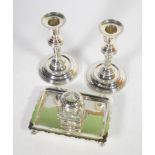 A pair of silver candlesticks, London 2000, with bead borders; and a a late Victorian silver