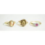 A 9 carat gold cameo ring, finger size P; a gem set dress ring stamped '9K' '375', finger size N1/2;