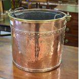 A 19th century copper coal bucket with brass handle and a brass coopered oak pail