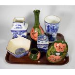 Three items of Moorcroft pottery and four items of Ringtons blue and white pottery