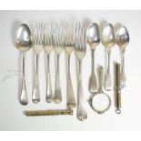 A group of George III/Victorian silver flatware; a pair of plated lorgnettes; and two various pencil