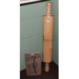 A novelty oversized treen rolling pin; and an oversized Bryant & May matchbox