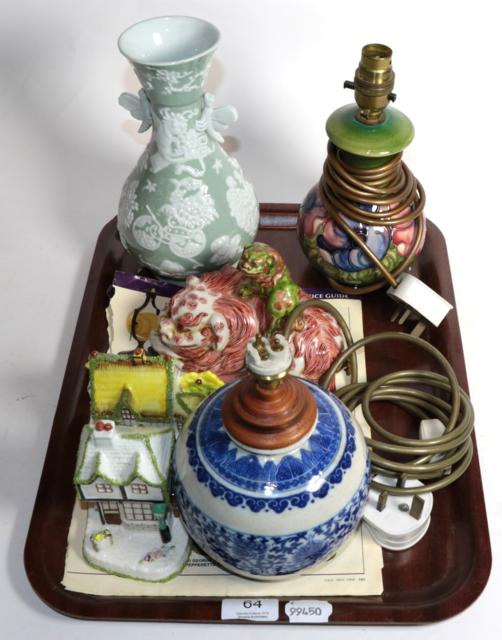 Six ceramic items including a Moorcroft lamp