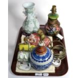 Six ceramic items including a Moorcroft lamp