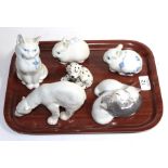 Six Royal Copenhagen porcelain animal ornaments comprising two cats; two rabbits; polar bear and a