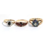 Three various 9 carat gold gem set rings, finger sizes O1/2, P and S1/2. Gross weight - 11.12 grams.