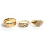 A 9 carat gold band ring, finger size R1/2; a 9 carat gold signet ring, finger size Q1/2; and