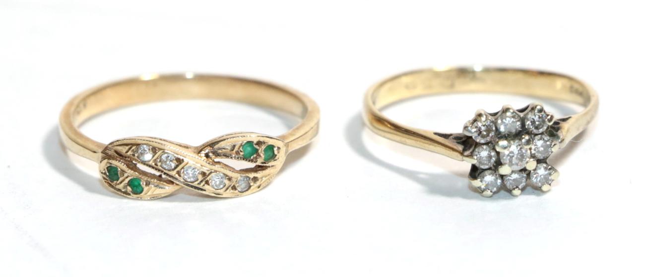 A 9 carat gold diamond cluster ring, finger size M1/2; and a further gem set ring, stamped '585',