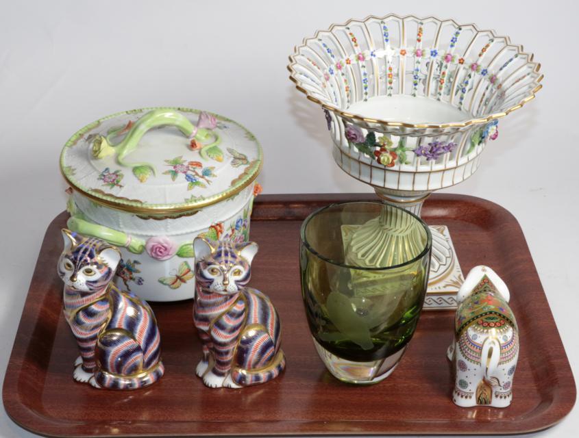 A Herend porcelain twin handled circular box and cover, a Dresden pedestal basket, three Royal Crown