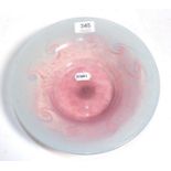 A Monart glass dish, labelled to base marked UBV1+, pink swirl effect