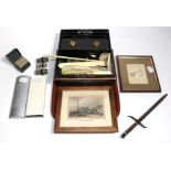 Two framed pictures; cross pen/pencil set; letter opener with inlaid handle; four ivory/bone