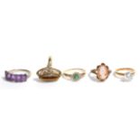 A 9 carat gold tiger-eye ring, finger size M1/2; a 9 carat gold cameo ring, finger size L1/2; a 9