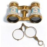 A pair of enamelled opera glasses and lorgnettes