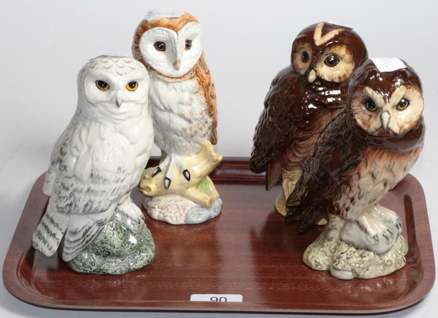 Four Beswick for Royal Doulton owl whisky decanters (three with original contents)