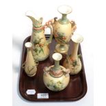 Five pieces of Royal Worcester blush ivory comprising a jug and four vases