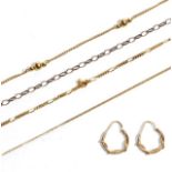 A group of assorted 9 carat gold chains, of varying lengths (some a.f.); and a pair of hoop
