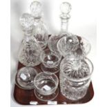 Two Waterford glass decanters; another decanter; Webb butter dish; two Waterford sundae dishes; a