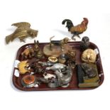 A small group of collectable animal models and items including a painted spelter model of a hound on