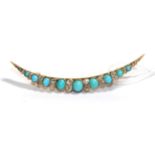 A Victorian turquoise and diamond crescent brooch, graduated oval turquoise spaced by pairs of