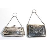 Two silver purses, Birmingham 1912 and 1918, both with decorative engraving, one also with monogram,