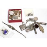 Assorted items: gem set gold jewellery, silver 'charm' bracelet, fob watch, etc