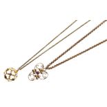 A 9 carat gold foliate pendant on gilt metal chain, chain length 42cm, pendant length 2.75cm; and