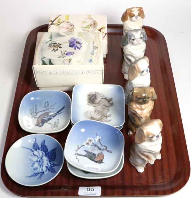 Royal Copenhagen porcelain ornaments comprising five Pekinese dogs; six various pin dishes and three