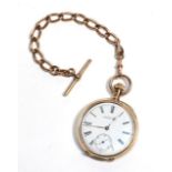 An open faced pocket watch, signed Waltham, case stamped 10c, together with a 9 carat gold curb link