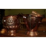 A 19th century copper log bin with brass ring and lion mask handles together with a copper coal